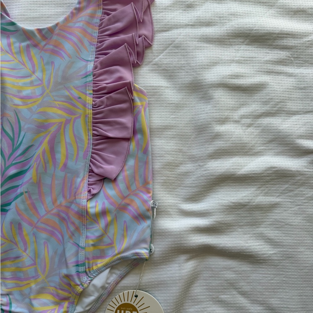 Caden Lane Pastel Leaf Print Kids Swim One Piece